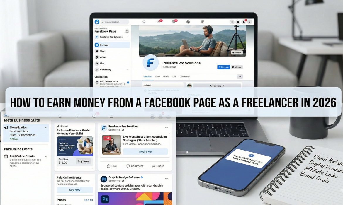 A freelancer working on a laptop with the Facebook Business Suite interface visible on the screen, surrounded by graphs showing revenue growth.
